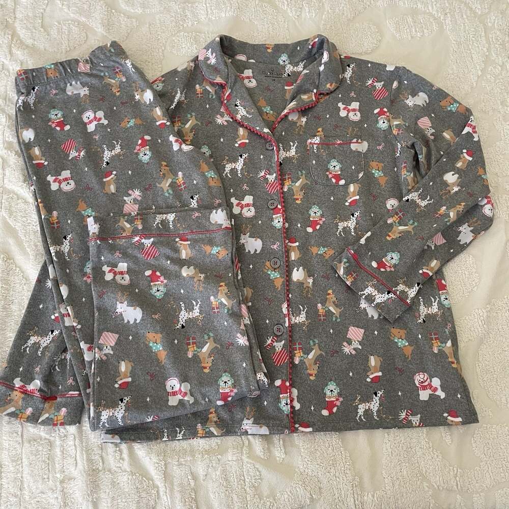 Cuddl Duds Womens Christmas Doggy Dogs Button Up Pajama Set Pajamas PJs Size M